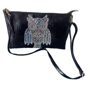 Bling! Black Vegan Leather Owl Wristlet Clutch Purse Crossbody Handbag